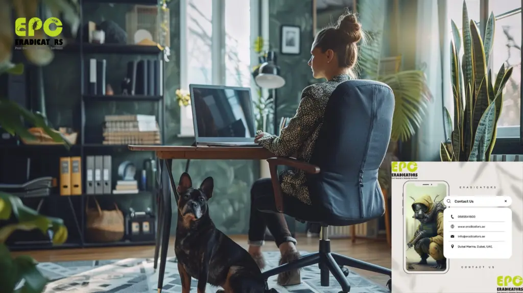 A woman working at home while her loyal dog guards the space from potential threats.