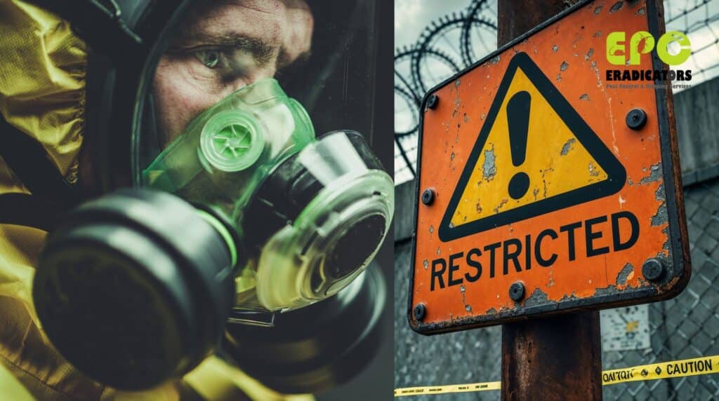 Restricted pest control zone in Dubai accessible to Eradicators Members Only – expert in mask ensuring pest-free space.