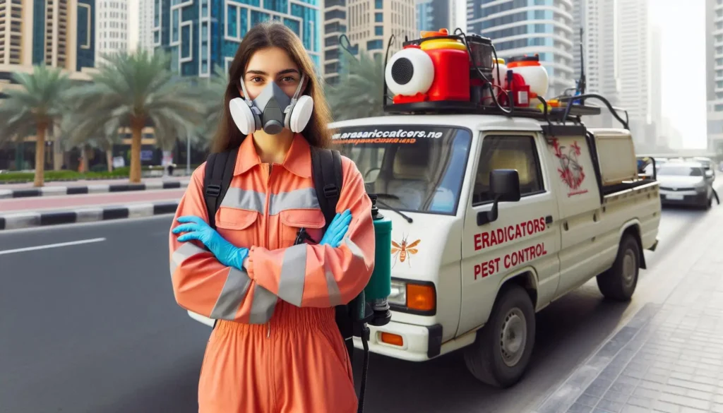 Eradicators technician inspecting apartment in Downtown Dubai with skyscrapers view