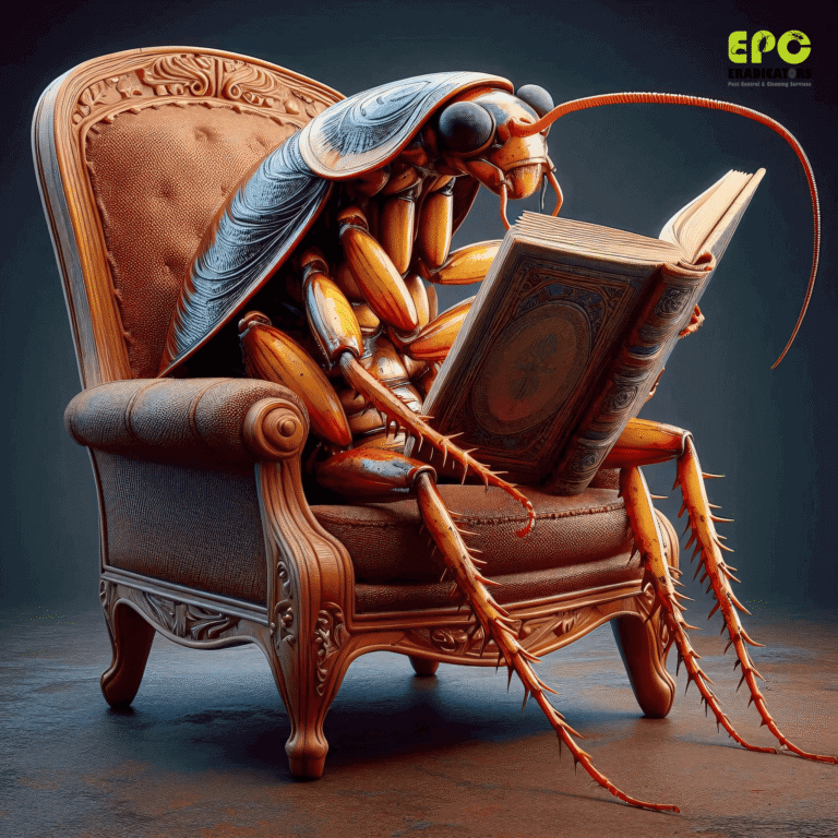close-up of a cockroach reading a book — creative image representing cockroach pest control in Dubai by Eradicators Pest Control. Symbolizes learning, prevention, and smart pest solutions. Professional cockroach control in Karama, Dubai — eliminate infestation fast with certified pest treatment