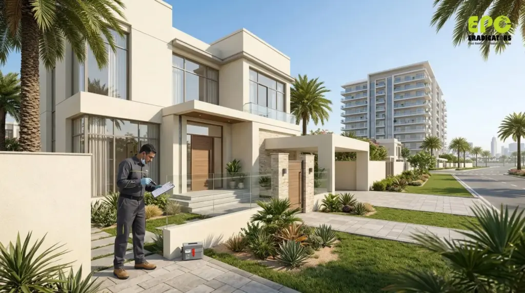Pest control Al Barsha Dubai – illustration of a technician inspecting a villa exterior