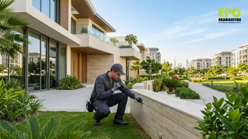 Pest control Dubai Hills Estate – illustration of a technician inspecting a luxury villa exterior