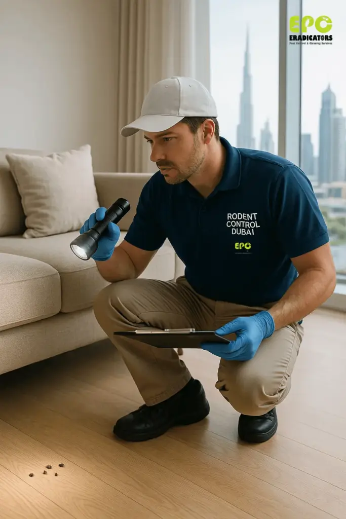 Rodent control expert inspecting a Dubai home